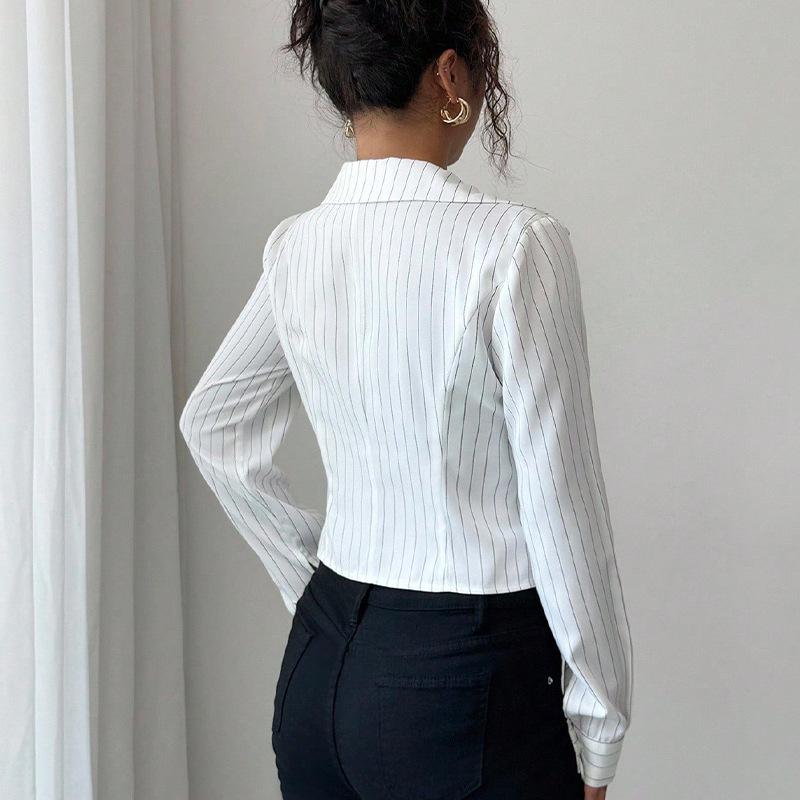 Casual Layering Shirt for Women - Side Slit Striped Printedd Slim Fit Long Sleeve Lapel Shirt