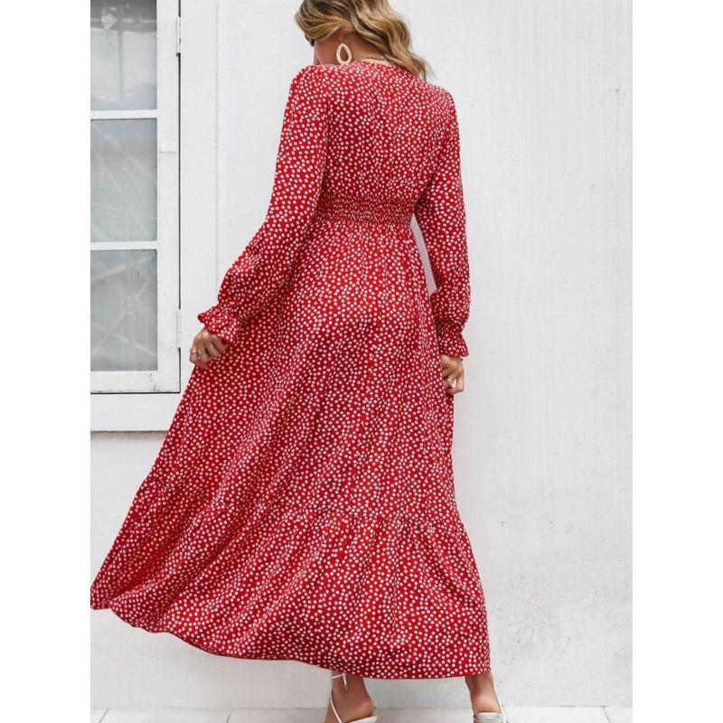 Elegance Graceful and Fashionable Bohemia Style V-neck Floral Elastic and Waisted Ruffles Long Sleeves Dress Long Dress for Women