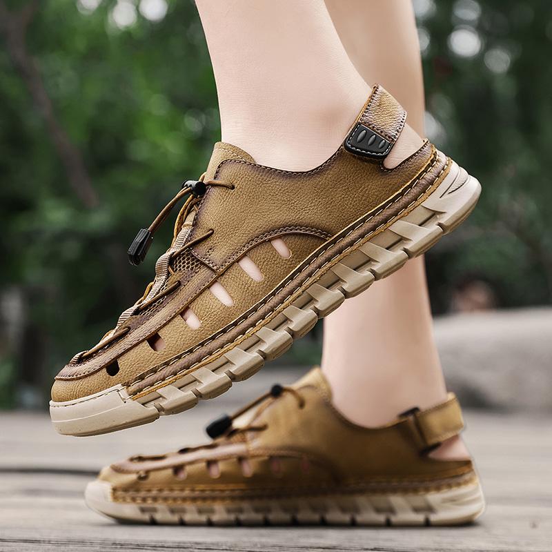 Men Sandals New Elastic Band Leather Hollow Breathable Comfortable Lightweight Summer Outdoor Beach Walking Sandals for Teen