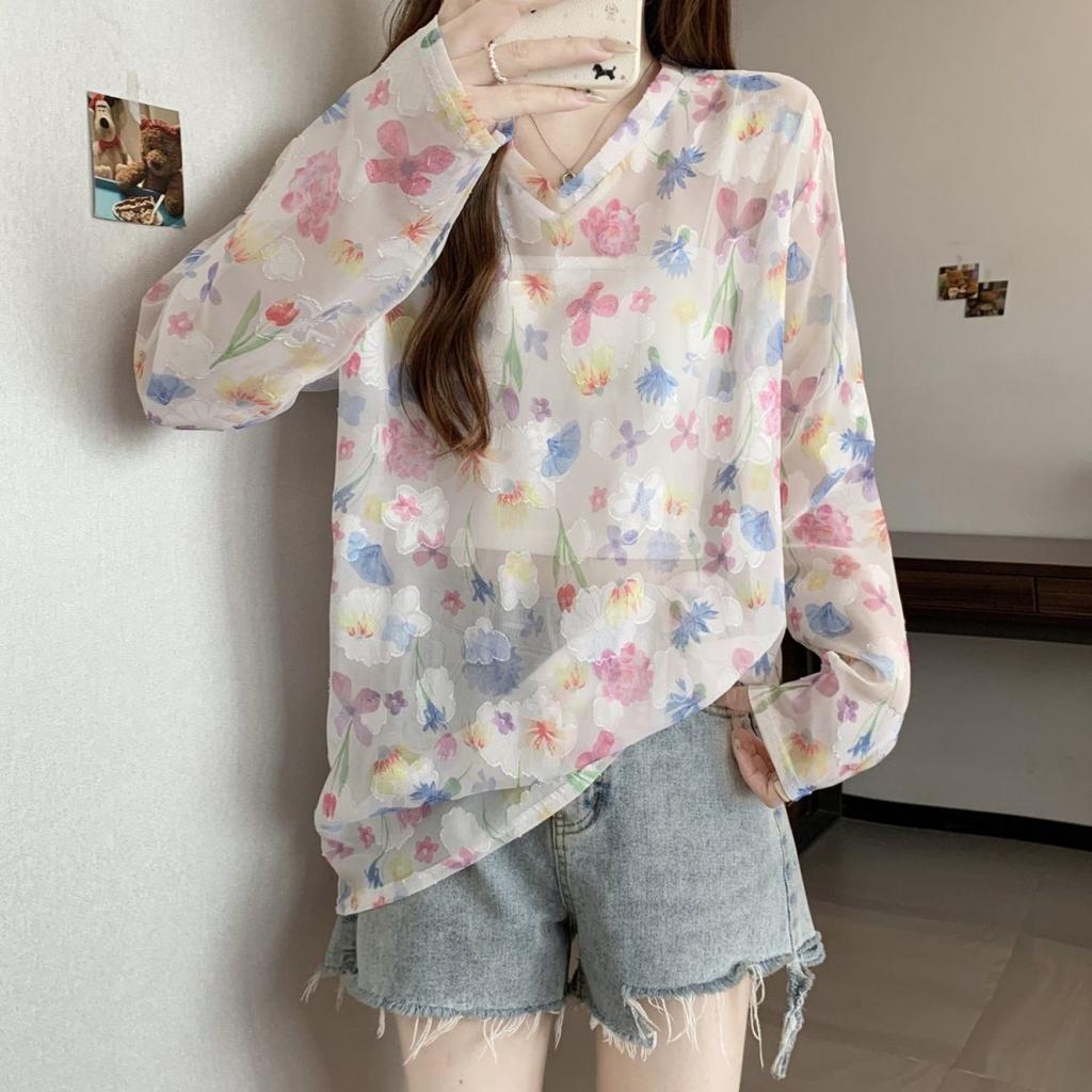 Summer Thin Dopamine Long-Sleeve Sun-Protective Chiffon Blouse Plus-Size Women's Loose Cover-Up Top
