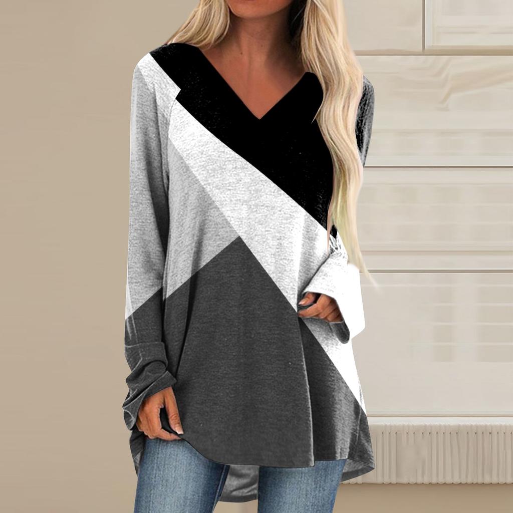 Women's Long Sleeved V-neck Color Casual Long Loose T-shirt Top
