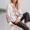 Women's Floral Stripe Long-Sleeve Shirt Button Front Loose Fit Casual Blouse