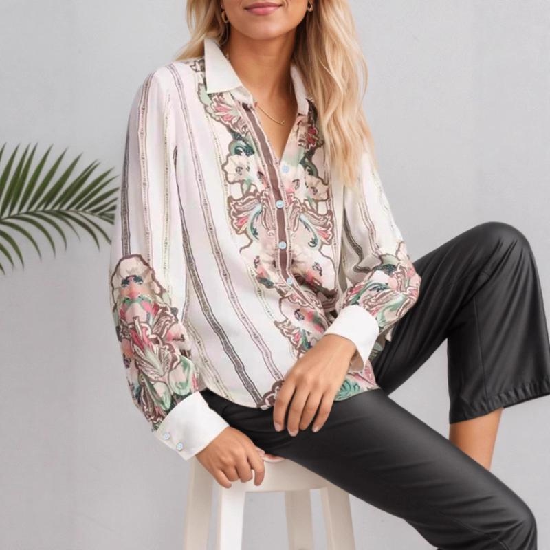 Women's Floral Stripe Long-Sleeve Shirt Button Front Loose Fit Casual Blouse