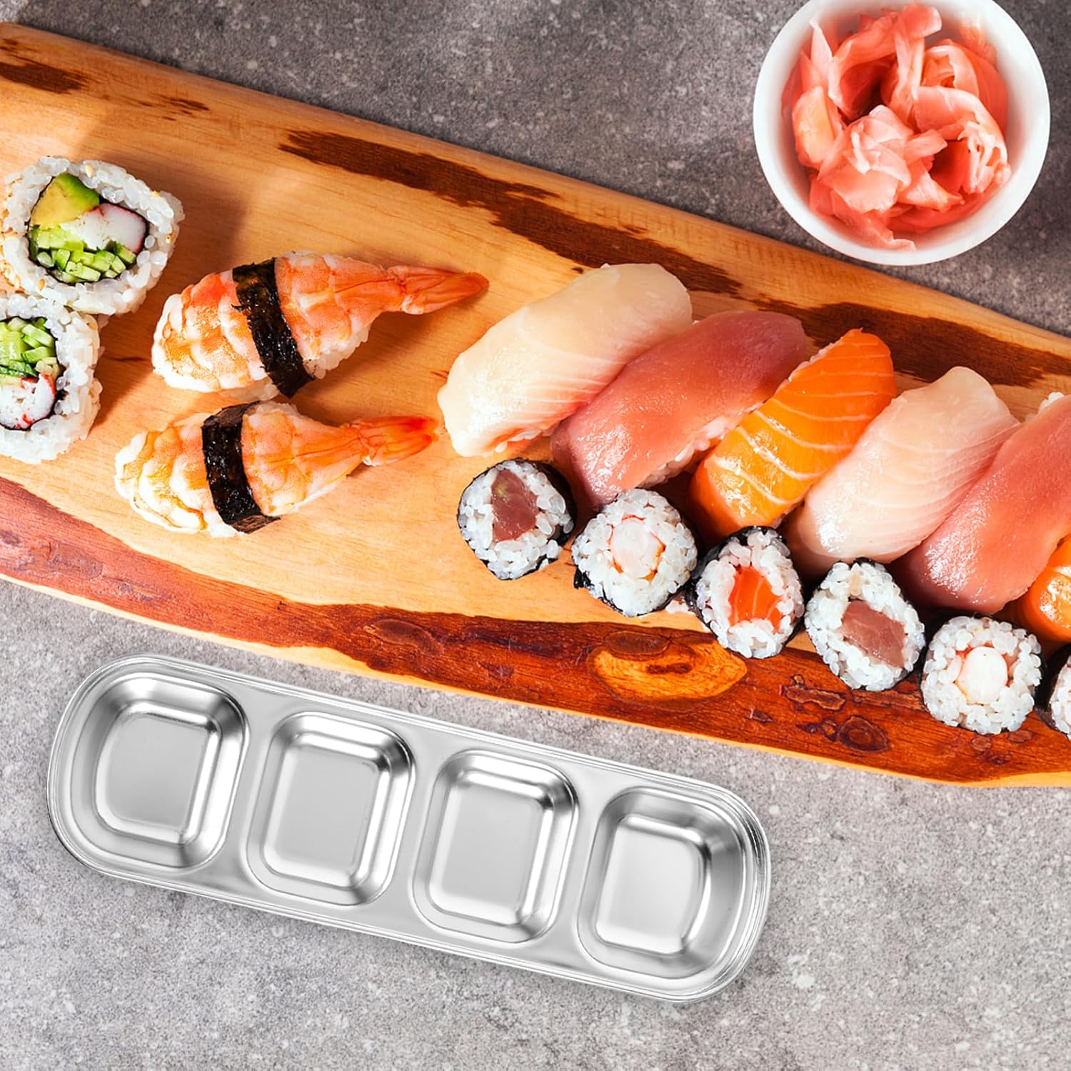 DOITOOL 3 Pcs Stainless Steel Dipping Sauce Tray,4 Compartment Appetizer Serving Tray,Condiment Tray Soy Sauce Dishes,Dipping Bowls for Soy