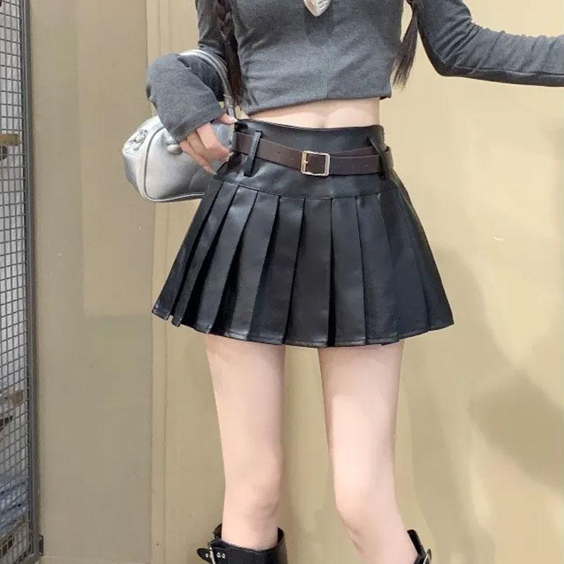 Women s High Waisted Faux Leather Pleated Mini Skirt With Belt S чёрный