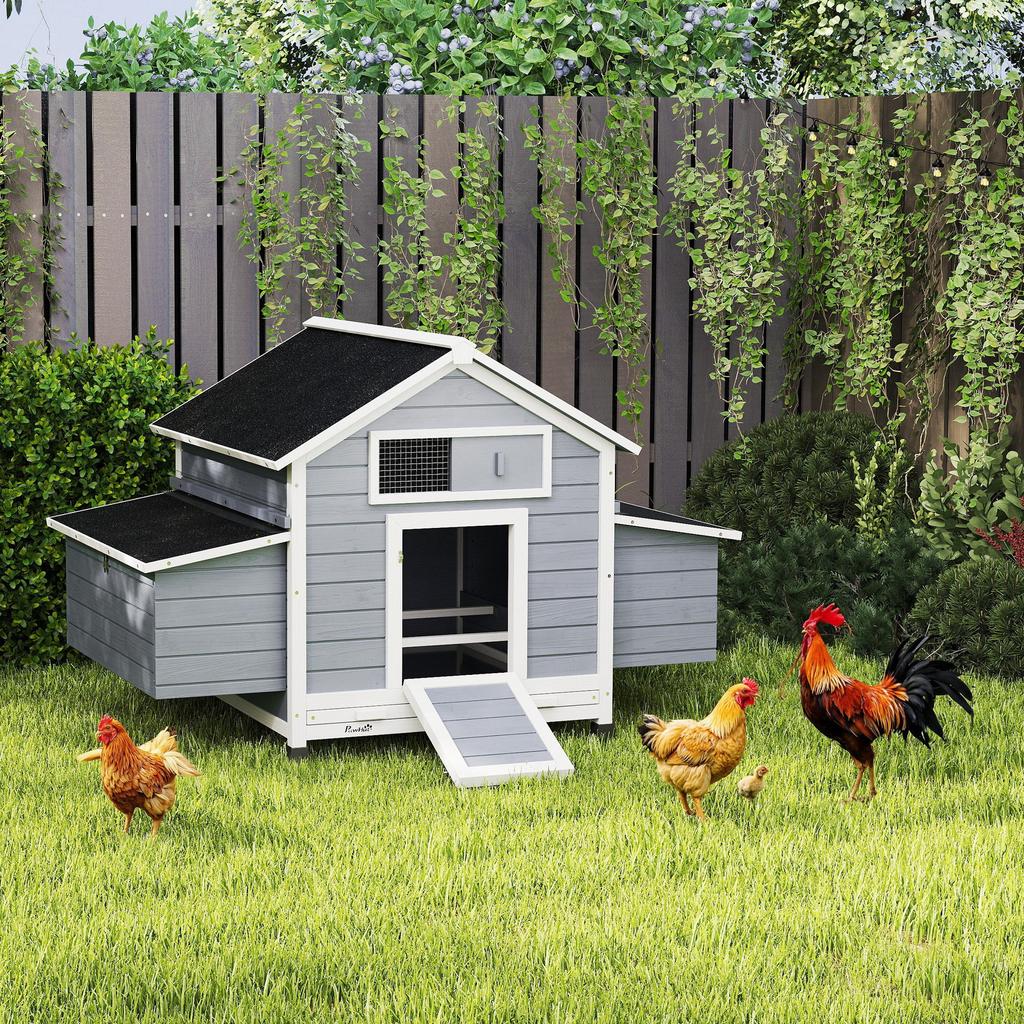 Wooden Chicken Coop for Outdoor Use with 2 Nests, Removable Tray, Perches, Waterproof Roof, 150x100x96.5 cm, Grey