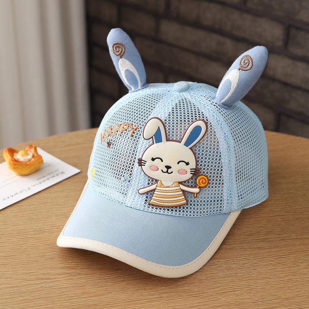 Baby Hat with Cartoon Candy Rabbit Ears-Shaped Embroidery. Five-Star Breathable Baseball Cap Made of All-Net Fabric with a Brim.