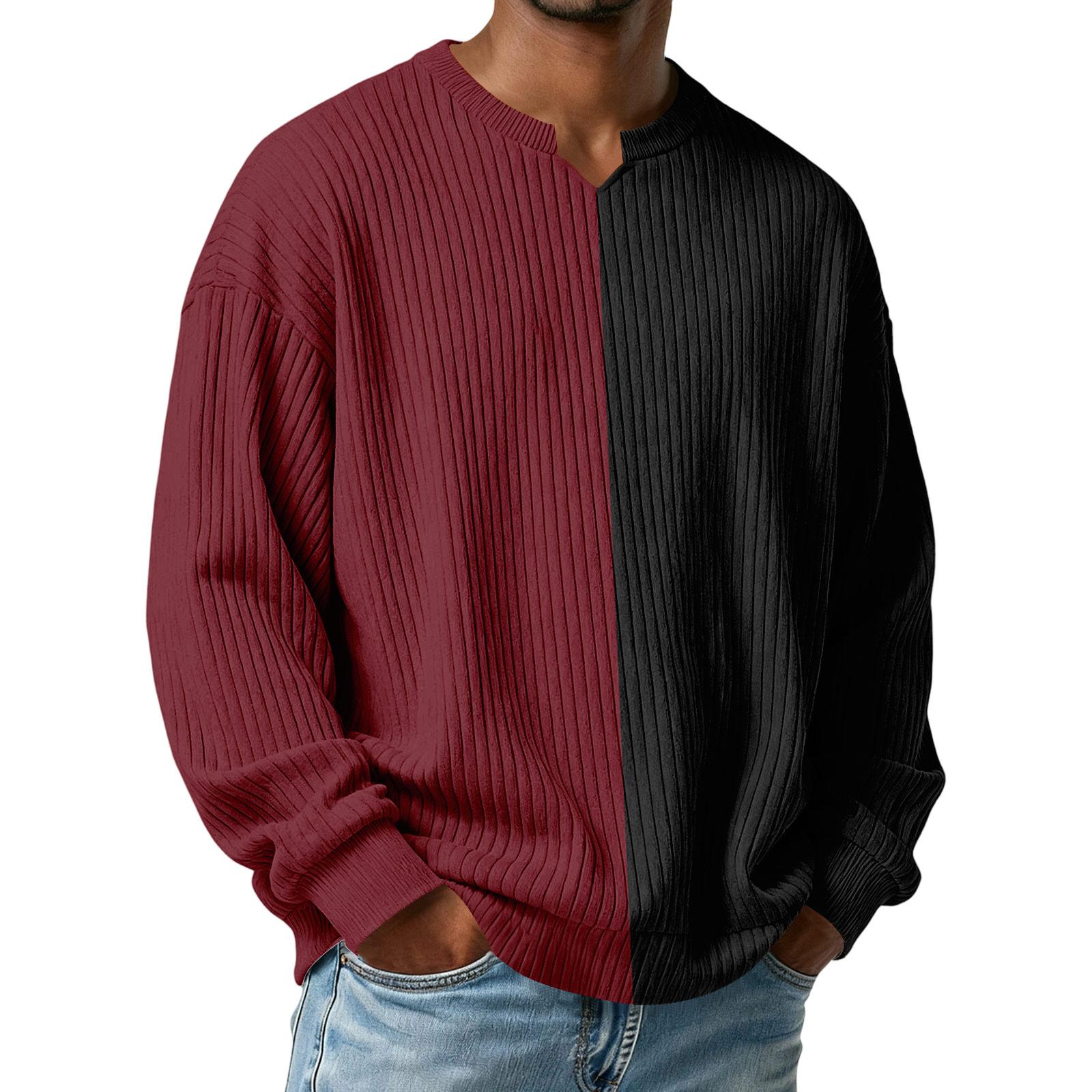 

Men s Color-Blocked Stylish V-Neck Ribbed Textured Long-Sleeve T-Shirt XL винний