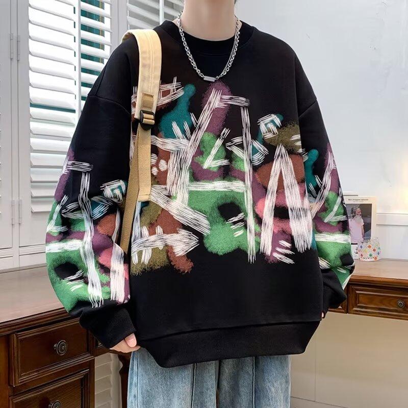 

Мягкая высококачественная ткань с принтом граффити, устойчивая к сминанию, мужской уличный спортивный повседневный дышащий свободный модный тренд, удобные топы с длинным рукавом 8XL чёрный