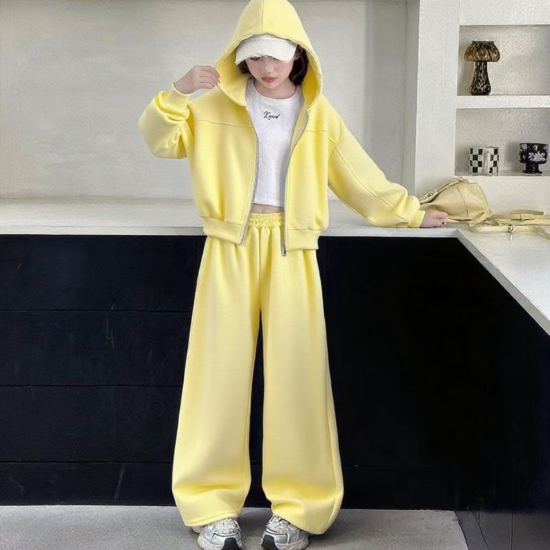 Girls Spring Clothes Set Teenage Hoodied Pullover Top + Pants Autumn Bottom 2pcs Kid Solid Tracksuits