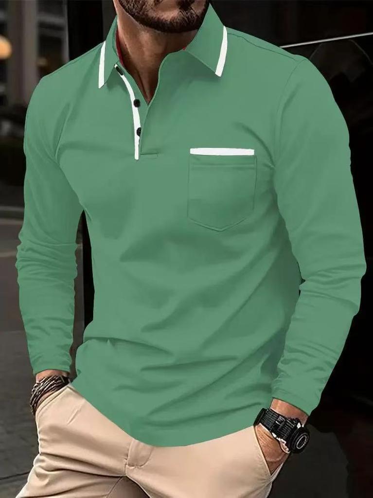 Men Casual Patchwork Pocket Solid Color Turn Down Collar Long Sleeve Plus Size Polo Shirt