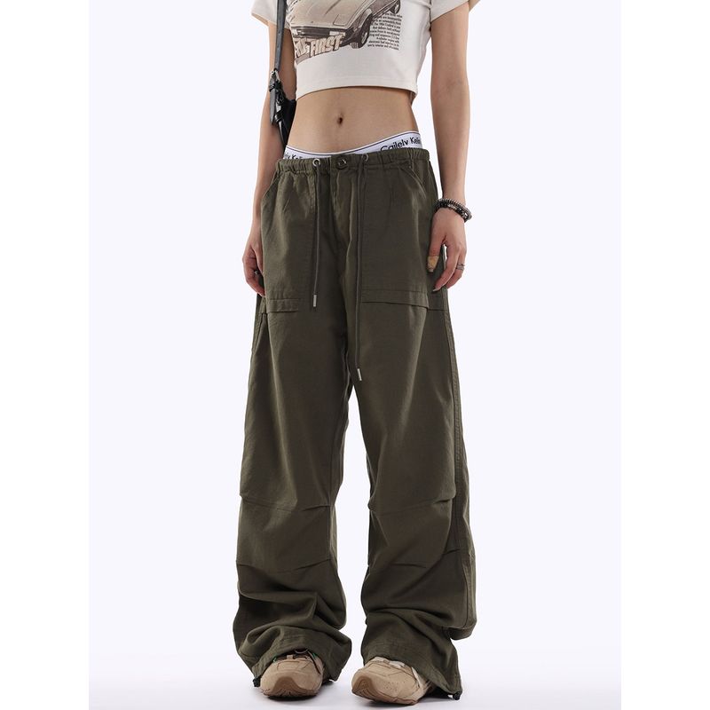 0123Start American-Style Workwear Paratrooper Pants for Women, Loose Wide-Leg Retro Hot Girl Drapey Straight-Leg Casual Pants