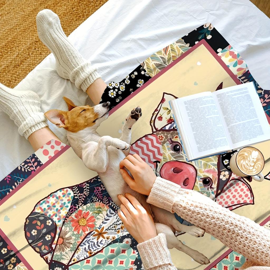 Whimsical Floral Patchwork Pig Flannel printed blanket suitable for all seasons suitable for living room office sofa and travel