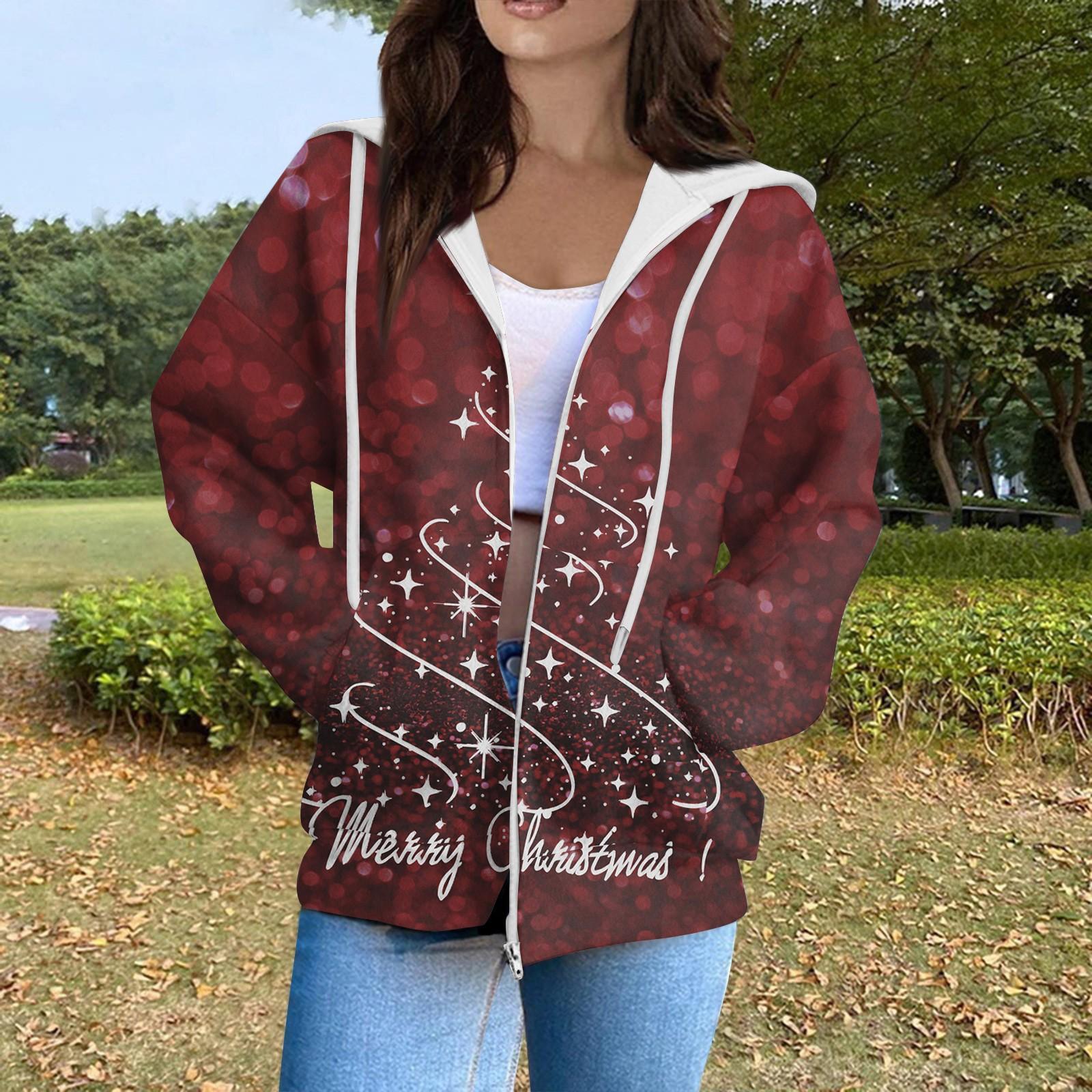 

Женская мода повседневный длинный рукав рождественский принт кардиган пальто с карманом на молнии XL винный