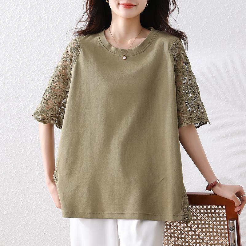 DIMANAF 2025 Letní Nadměrné Velikosti Topy Bavlna O-Výstřih Krajkové Tričko Ženy Jednobarevné Krátký Rukáv Volná Trička