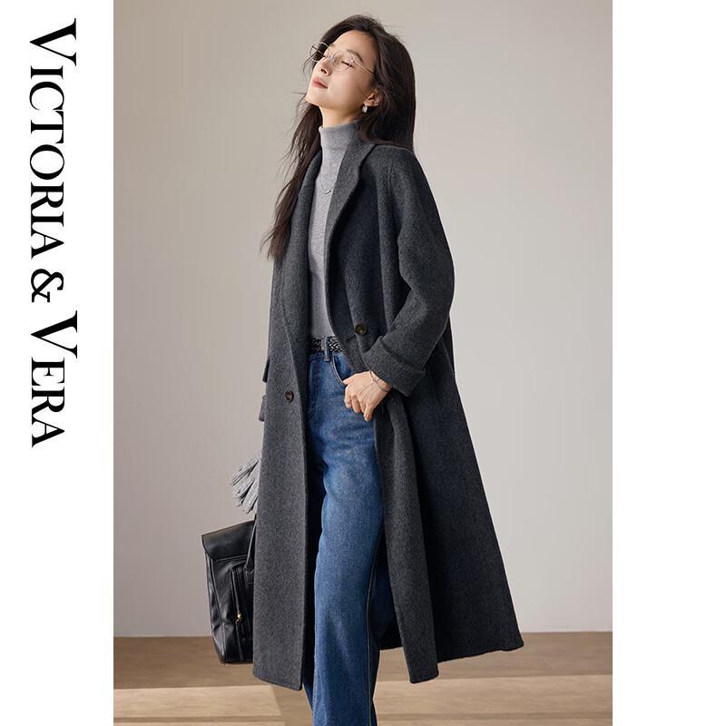 VICTORIA&VERA Women's Double-Breasted Long Woolen Coat