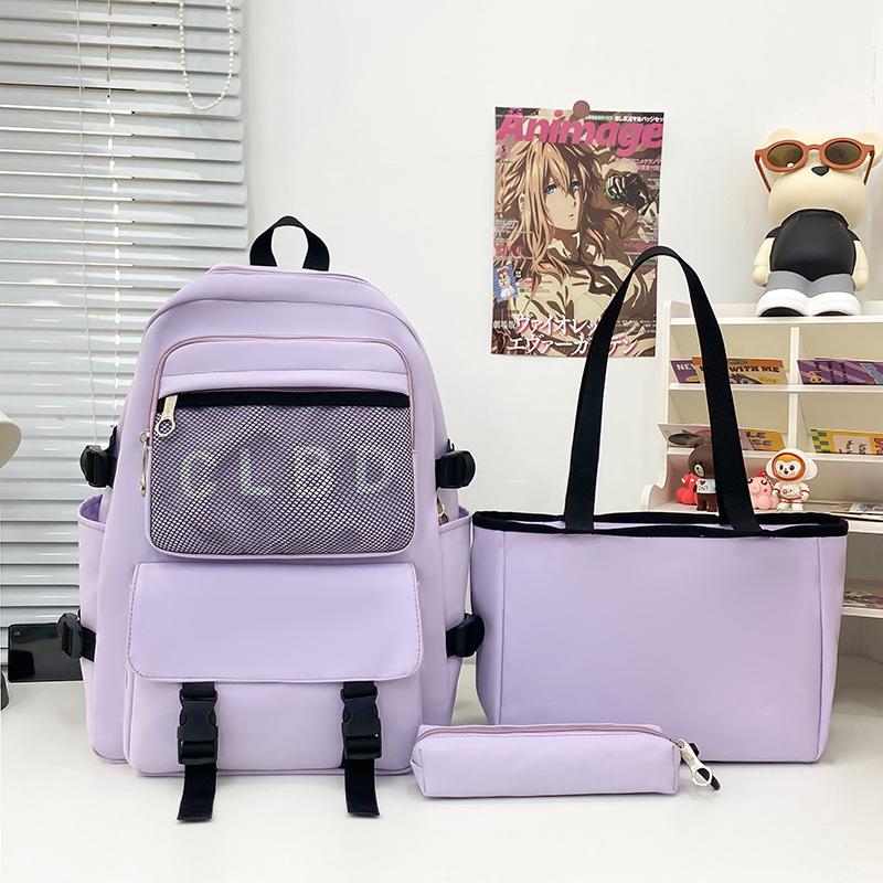 Three-Piece Backpack Set Large Capacity Student Schoolbag Women Solid Color Backpack with Lunch Bag Pen Bag