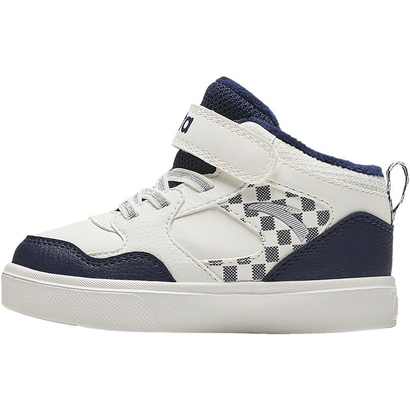 Anta Kids Synthetic Leather Plush Comfortable Warm Mid-Top Walking Shoes Baby Shoes White Deep-Blue A12440055-2