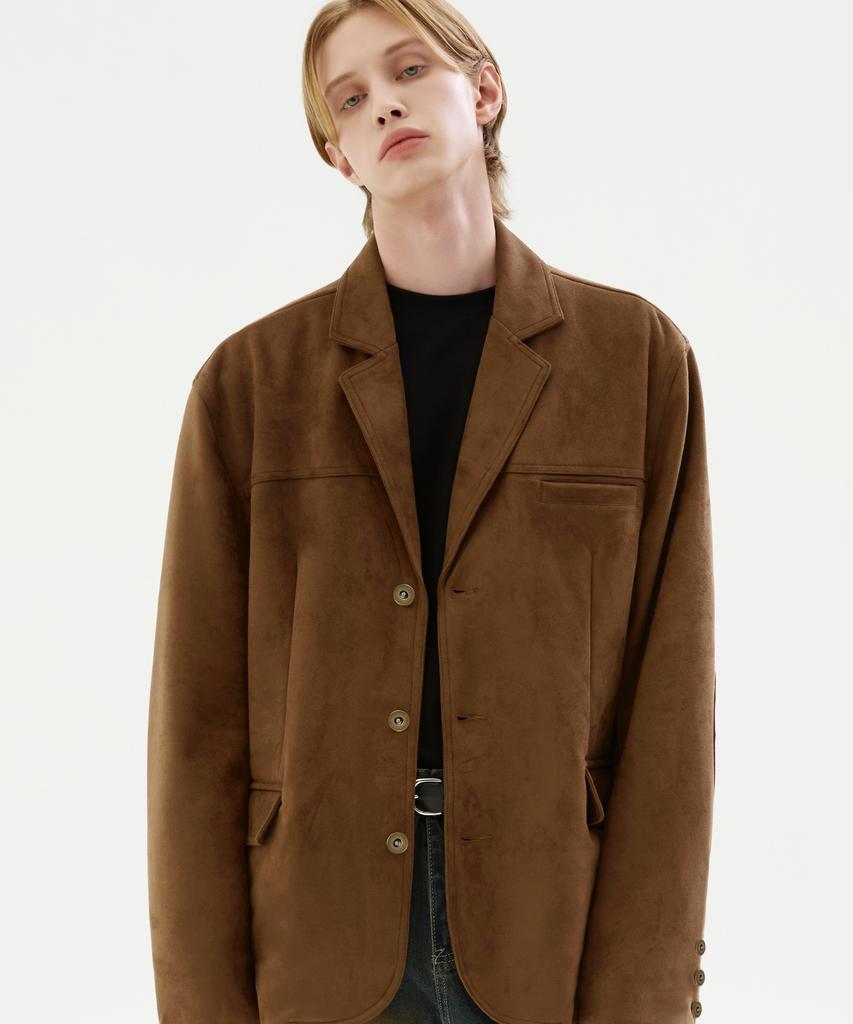 Trillion Suede Elbow Patch 3-Button Blazer Jacket [Brown]