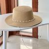 New French Flat Top Straw Hat For Women, Big Head Waist, Beach Top Hat, Woven Pearl Chain Sunscreen Hat