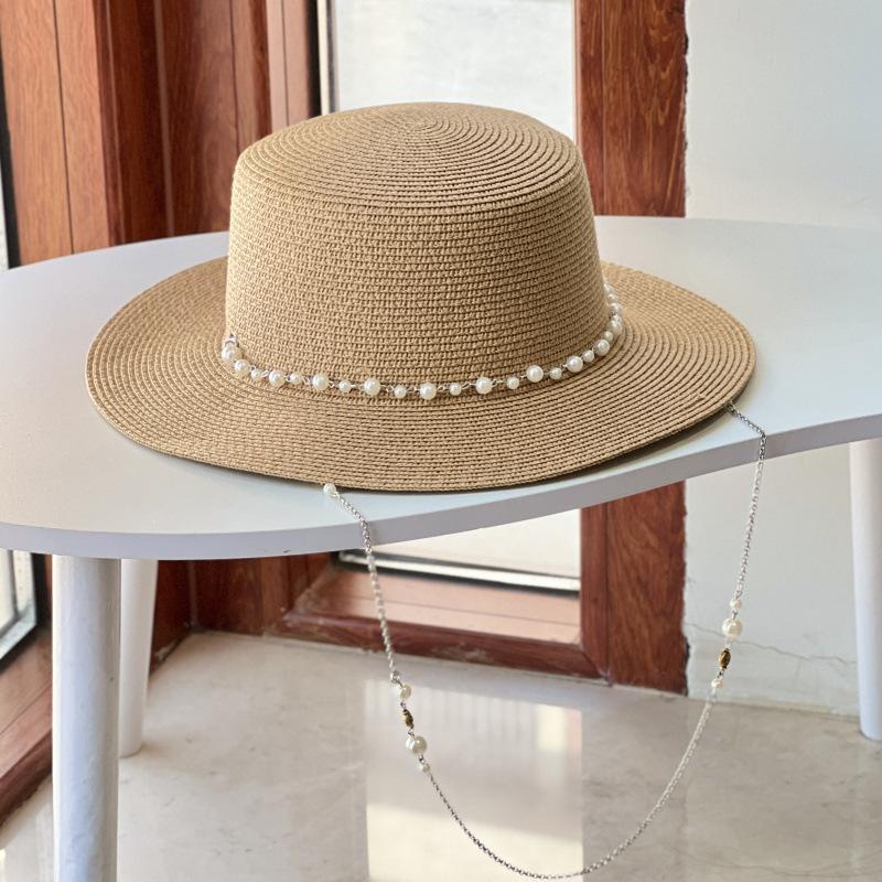 New French Flat Top Straw Hat For Women, Big Head Waist, Beach Top Hat, Woven Pearl Chain Sunscreen Hat
