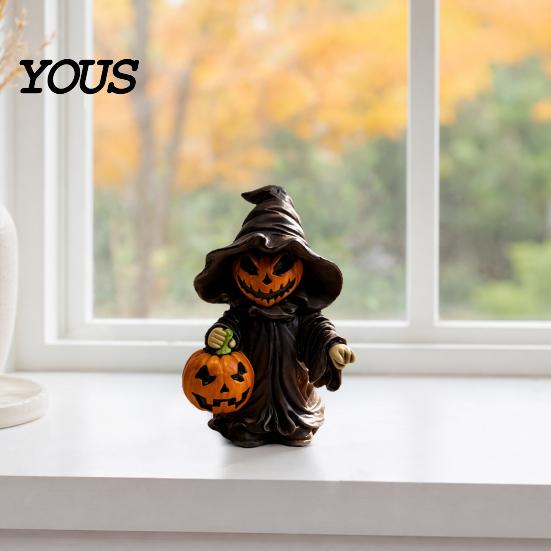 Jack-o'-lantern Decor Halloween Witch Statue with Pumpkin, Cute In Pointed Hat & Black Robe, Resin Gothic Pumpkin Ornament Tabletop for