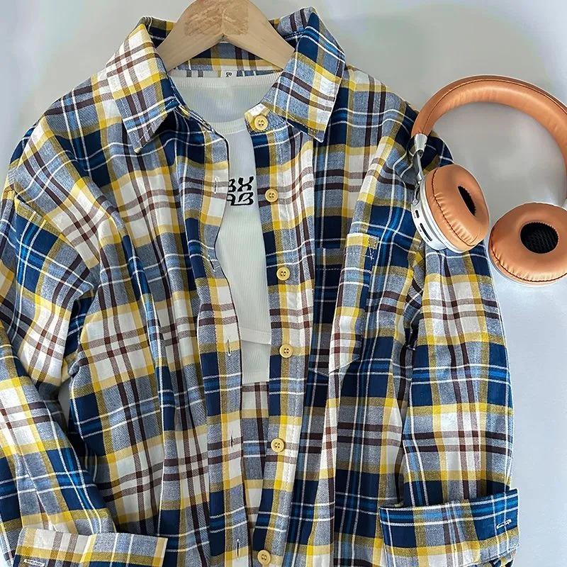 

Summer Light Plaid Shirt New Style Lazy Loose Retro Casual Jacket Long-sleeved Shirt Jacket XL