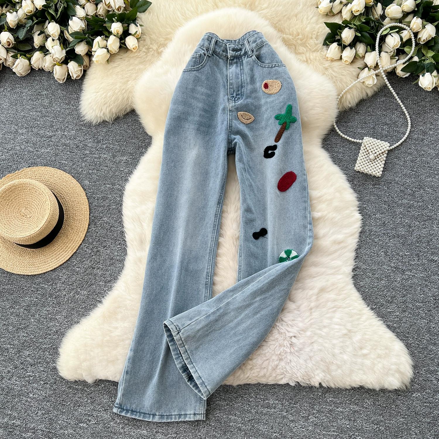 

Женские модные вышитые прямые джинсы с высокой талией, повседневные джинсы полной длины с карманом XXL