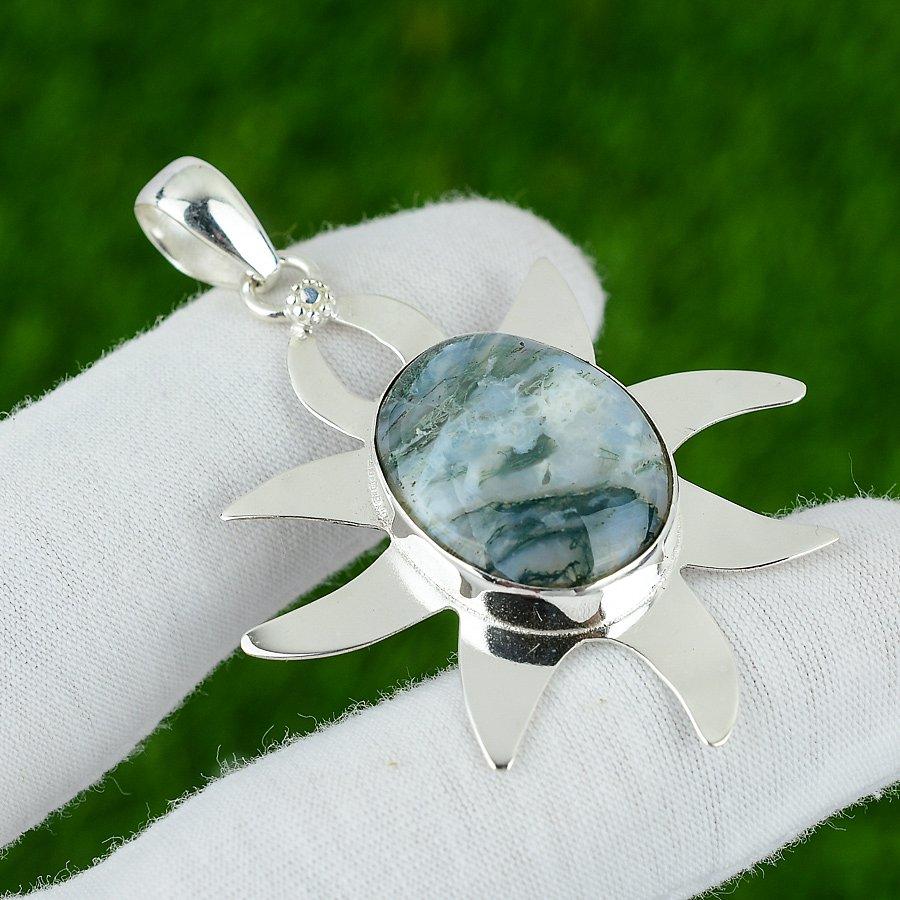 Oval Solar Moss Agate Stone Sterling Silver Bezel Wife Birthday Pendant Jewelry