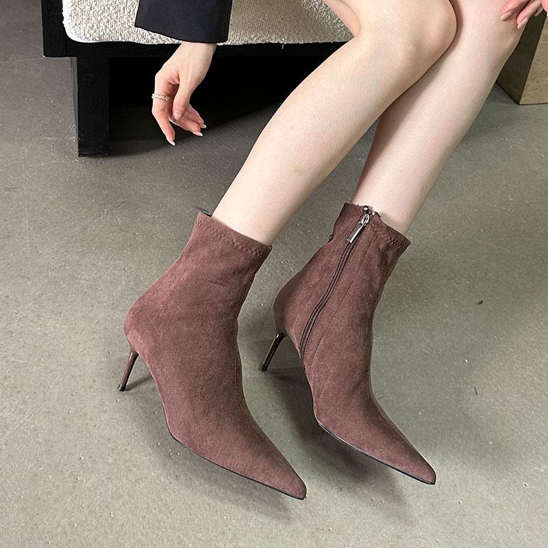 Fashion Fashion Flock Women Ankle Boots Zippers Shoes Female Thin Heels Pointed Toe Sexy Ladies Short Modern Boots Pumps Shoes