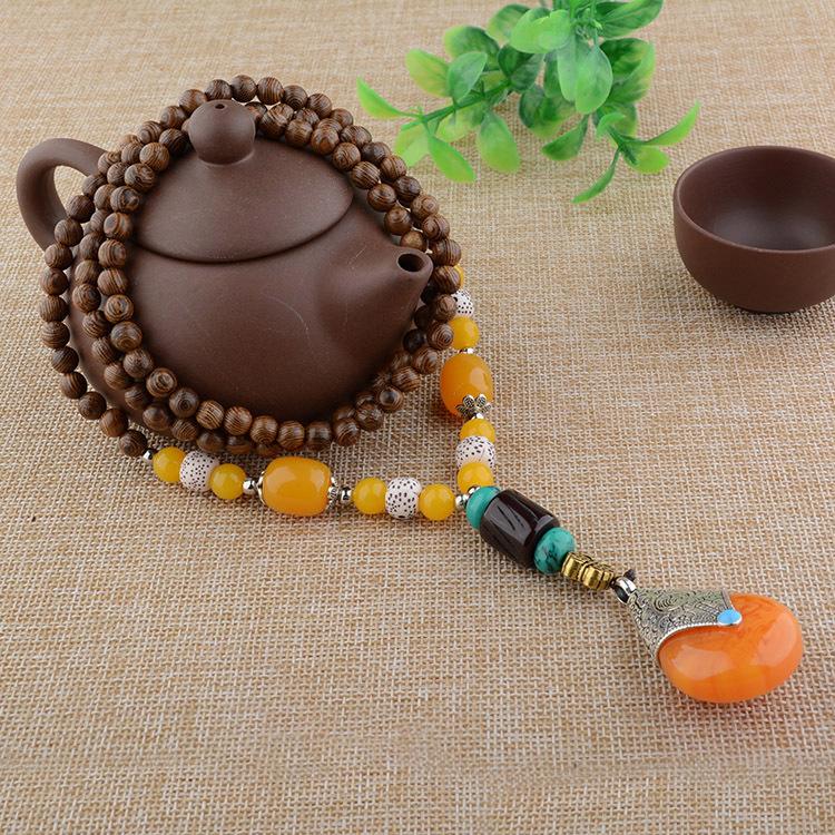 Vintage Etniska Kläder Accessoarer Tröjkjede Lindbladshänge Lång Trätröjkjede