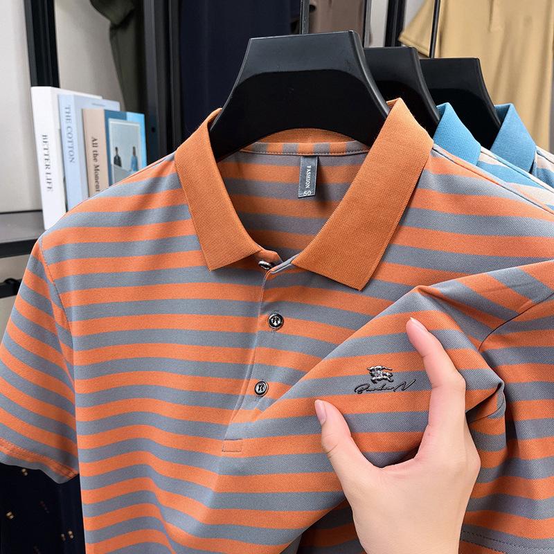 Ice Silk Men'S Short-Sleeved T-Shirt Lapel Striped Casual Father Polo Shirt