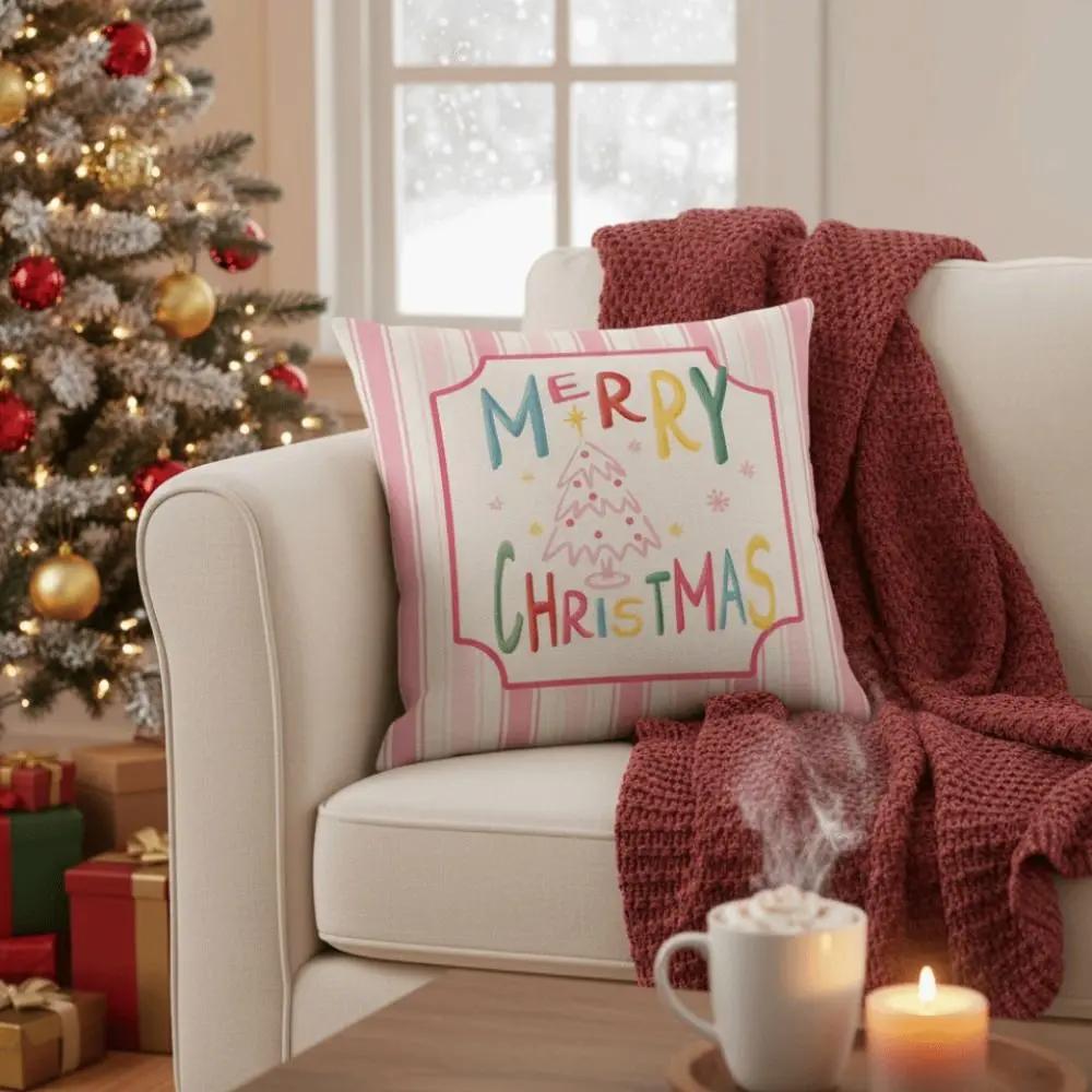 45×45cm Christmas Throw Pillow Cover Pink Christmas Tree Removable Pillow Cover Soft Linen Sofa Cushion Cover Home Decoration