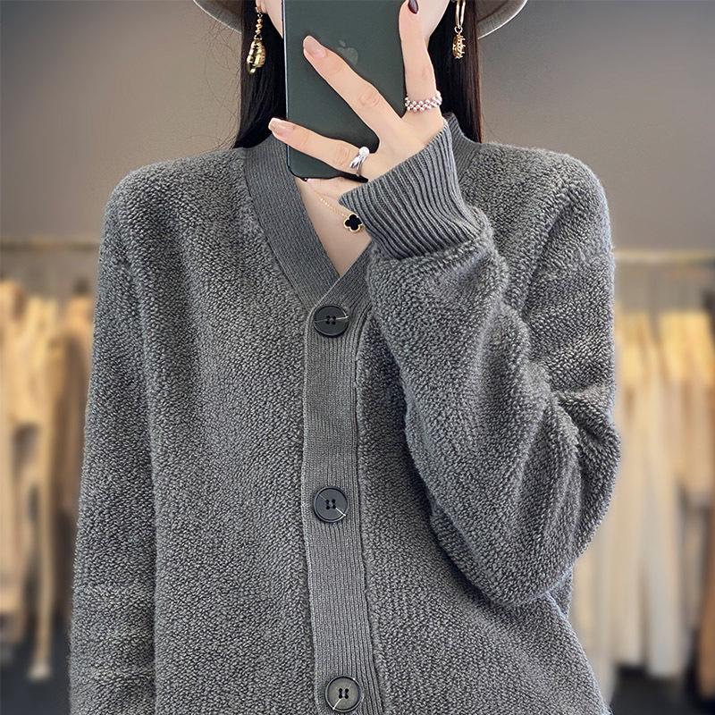 

Women s Korean Style 100% Wool V-Neck Cardigan - Loose, Fashionable, Slimming Sweater XL