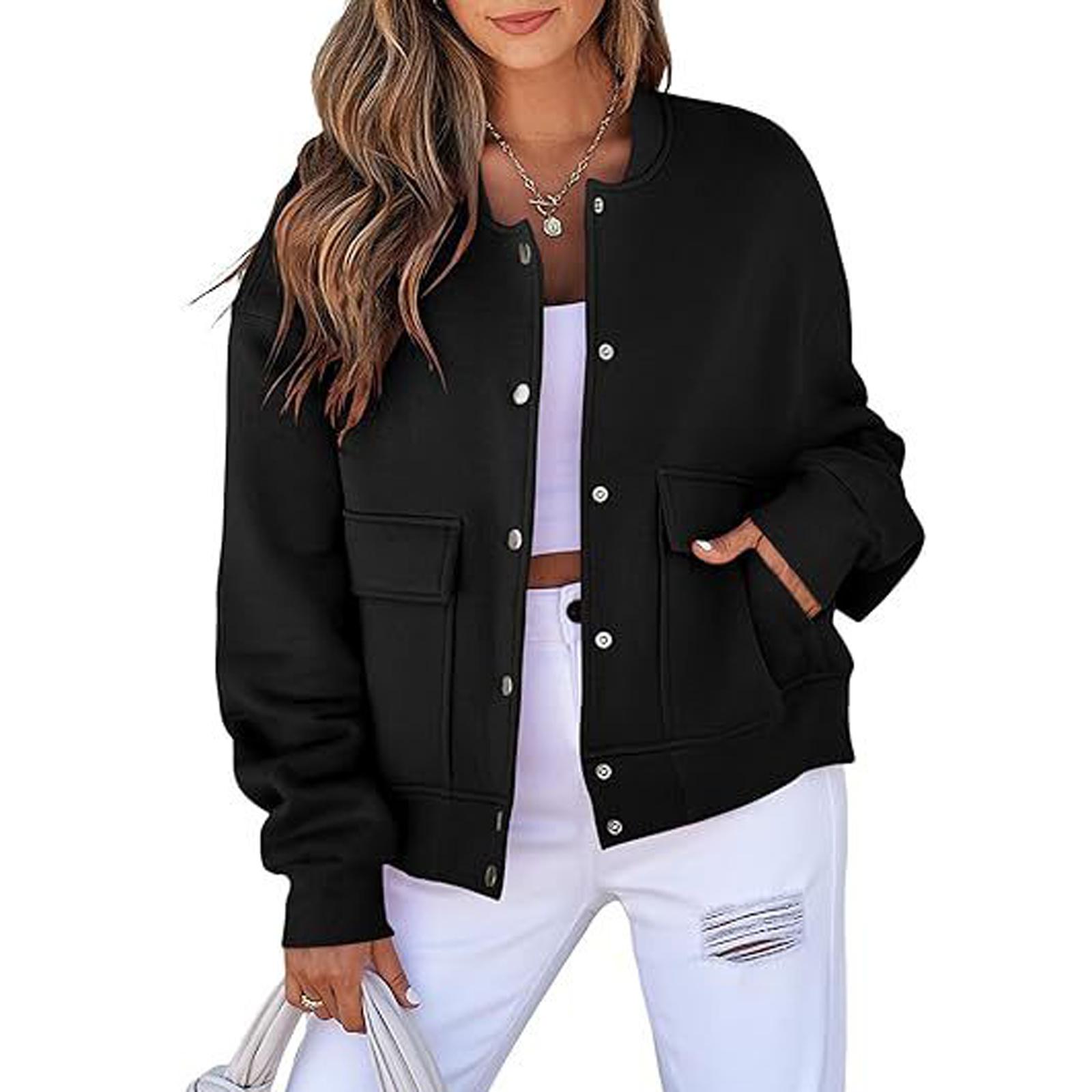 

Women s Casual Neck Long Sleeve Jacket Casual Pocket Coat S чорний