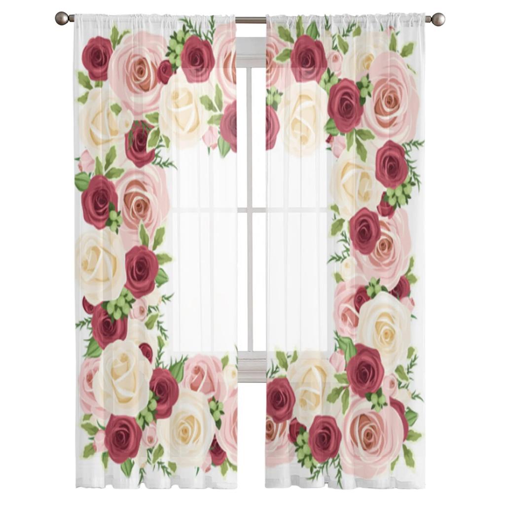 Red Pink And White Roses Tulle Sheer Window Curtains For Living Room The Bedroom Modern Chiffon Voile Curtains Fabric Drapes