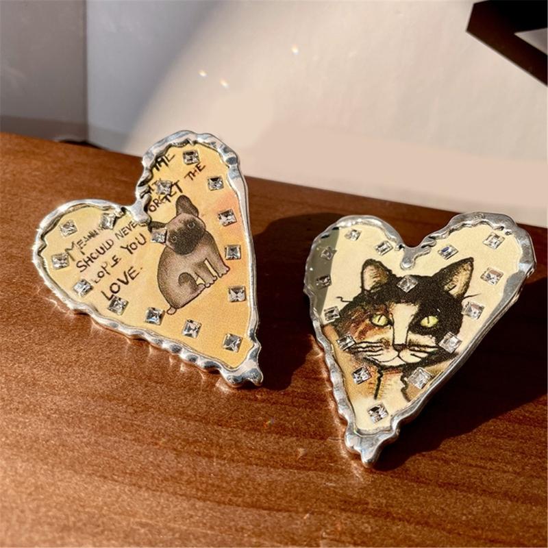 Asymmetrical Animal Doodles Earrings Heart Shape Ear Studs with Cats Dog Patterns Alloy Texture Suitable for Fashion Women