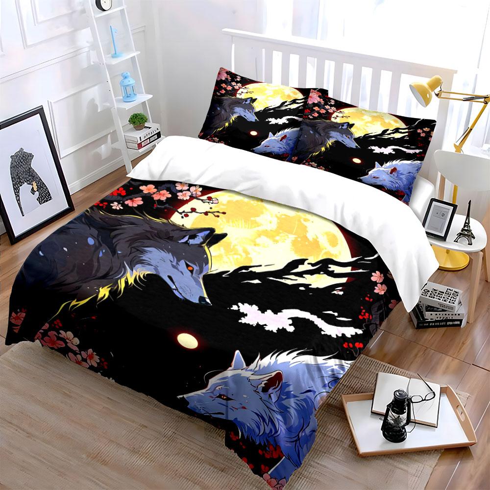 Wolf-Themed Art Set: Night Harmony Exquisite three-piece bedding set gift for kids and adults