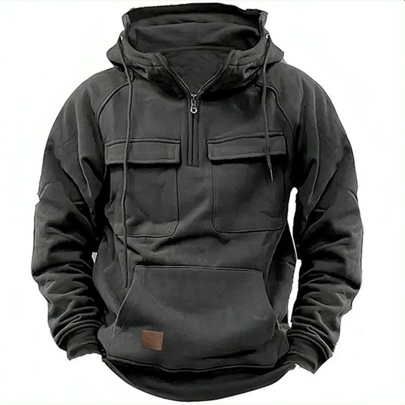 2025 Men's Autumn/Winter Hooded Solid Color Workwear Sweatshirt Jacket