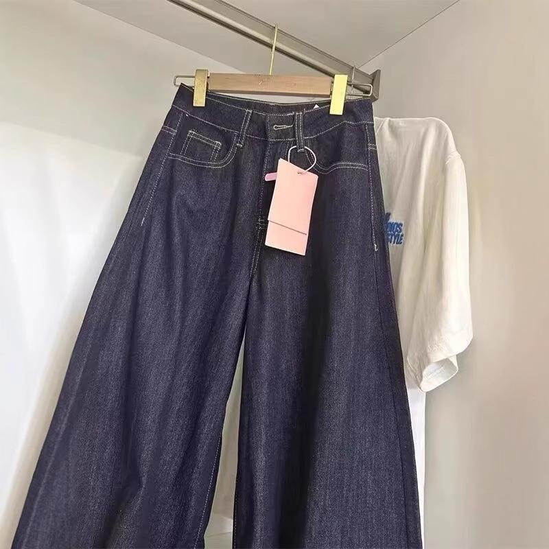 Women's Plus Size Retro High-Waisted Jeans: Slimming, Loose, Wide-Leg, Floor-Length Pants for Autumn/Winter.