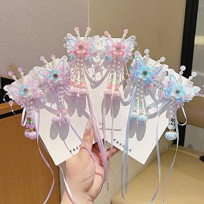 Princess Braided Hanfu Headdress with Ribbons: Ancient Style Hair Clips for Girls