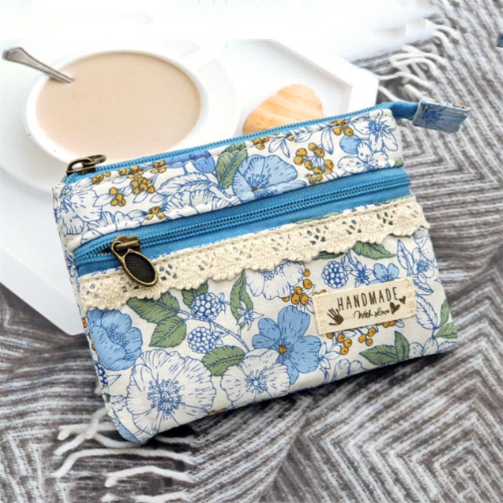 Cotton Coin Purse Portable Female Coin Pouch Canvas Change Bag Double Zipper Floral Card Holder For Women Girls Daily Life