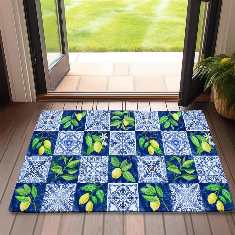 Blauw Tegel Citroenprint Deurmat Antislip Absorberend Vloerkleed Mediterrane Stijl Keuken Entree Tapijt 30x50cm