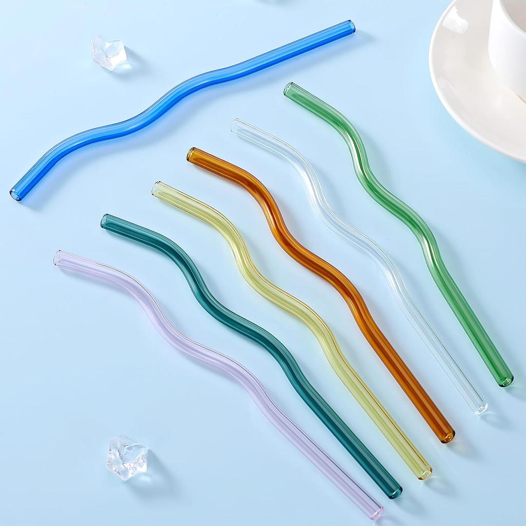 7Pcs Reble Colorful Wavy Glass Straws - 8.5"x8mm Shatter Resistant Glass Straw with 2 Clening Brushes, Suitable for Ice/Hot