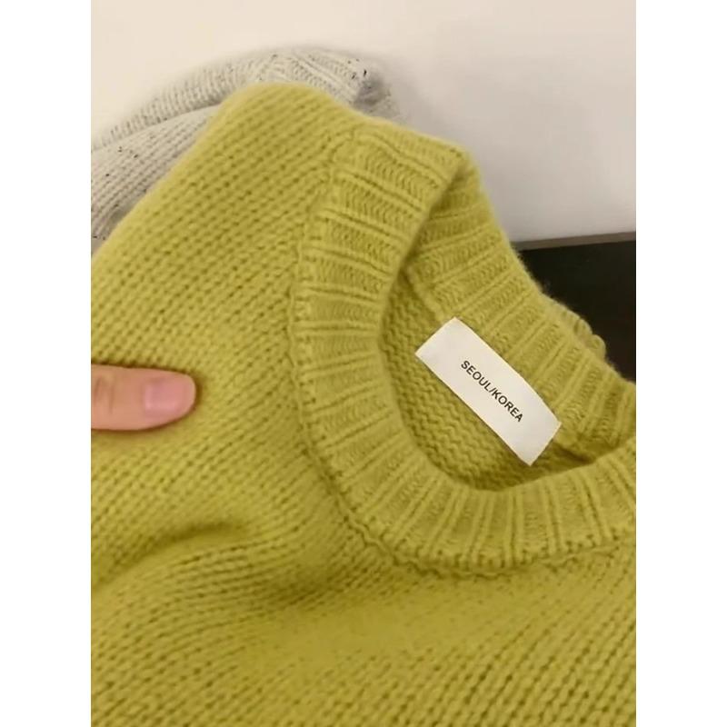 Autumn and Winter New Round Neck Green Pullover Sweater Women's Raccoon Velvet Soft Waxy Lazy Knitted Top with Thicker Base