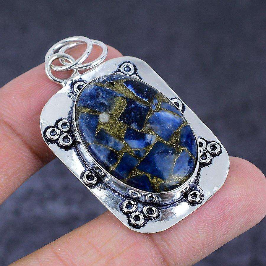 Natural Copper Sodalite Gemstone 925 Sterling Silver Jewelry Pendant 2.17" B9g52