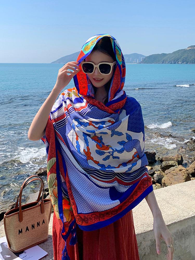 Summer Fashion Elegant Women Silk Scarf Beach Wrap Shawl Print Sunscreen Bandana Hijab Mujer Bohemian Musulman Long Scarve Pareo