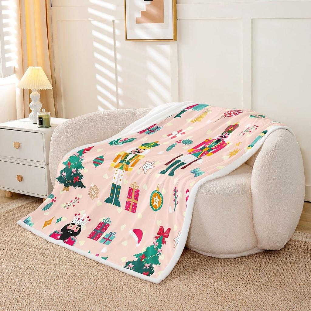 Pink Nutcracker Sherpa Blanket Plush Fuzzy Christmas Fleece Throw Blanket Boys Girls Cute Xmas for Bed Couch Chair Living Room