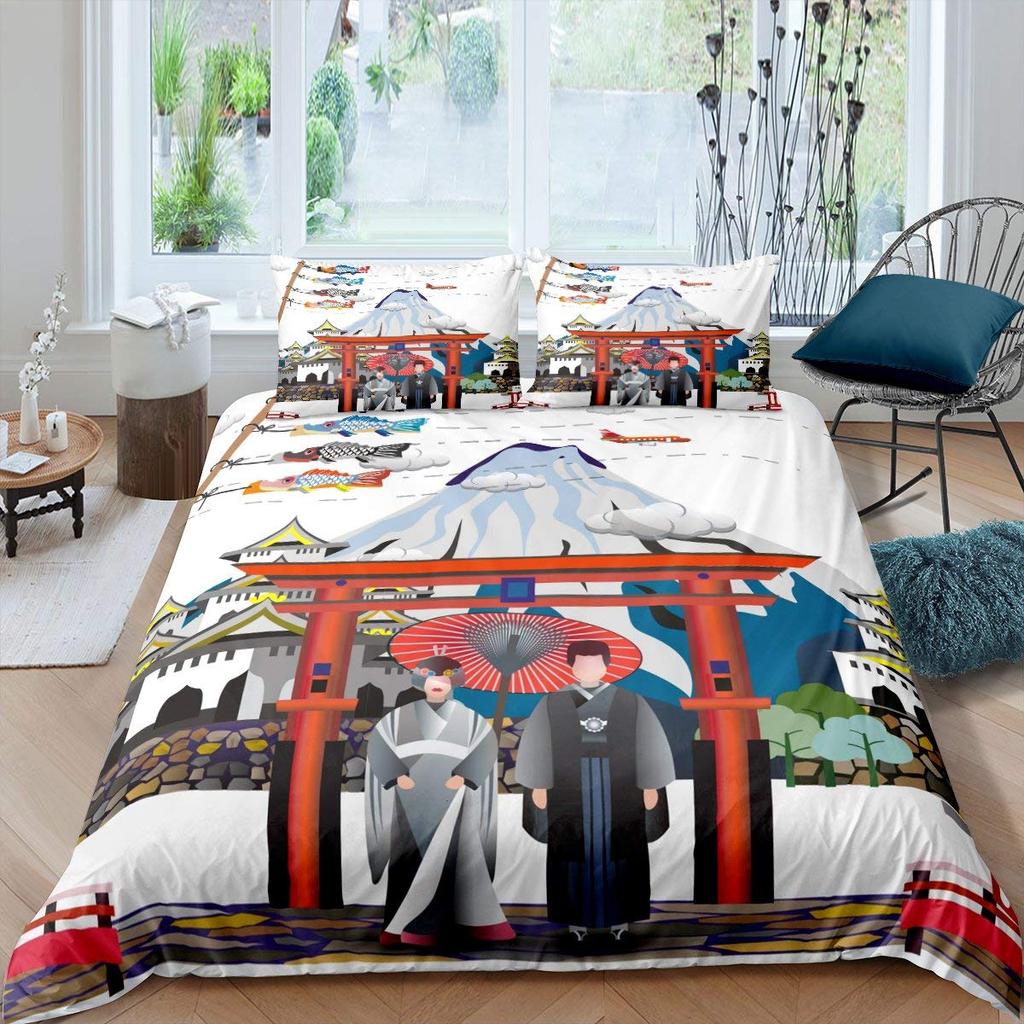 Japanese Style King Queen Duvet Cover Koi Fish Cherry Bedding Set Ukiyo-E Geisha Quilt Cover Sun Crane Polyester Comforter Cover