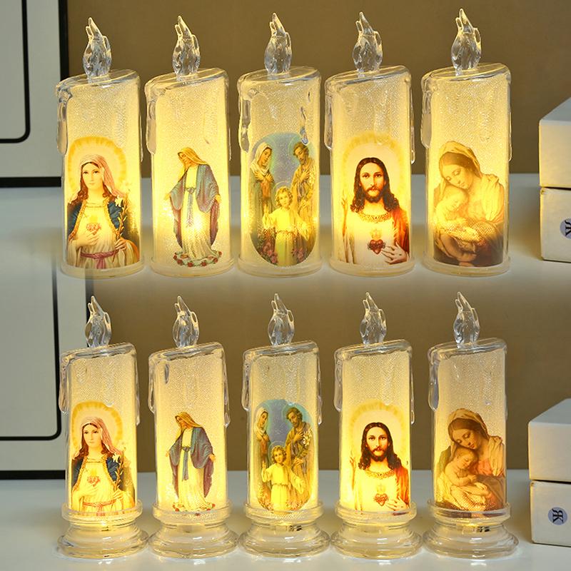 Flameless LED Prayer Candle with Jesus & Virgin Mary - Decorative Religious Night Light for Home Altar or Gift